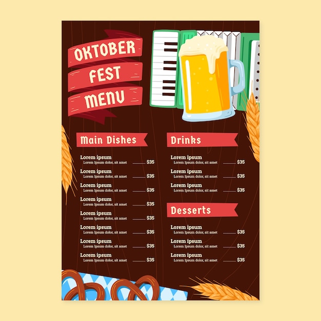 Handgetekende menu-sjabloon voor het Oktoberfest bierfestival