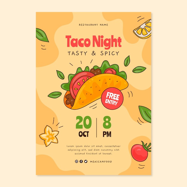 Gratis vector handgetekende mexicaanse restaurant poster sjabloon