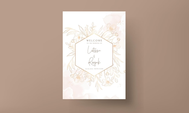 Handgetekende minimale huwelijksuitnodigingsjabloon met elegante gouden bloemen