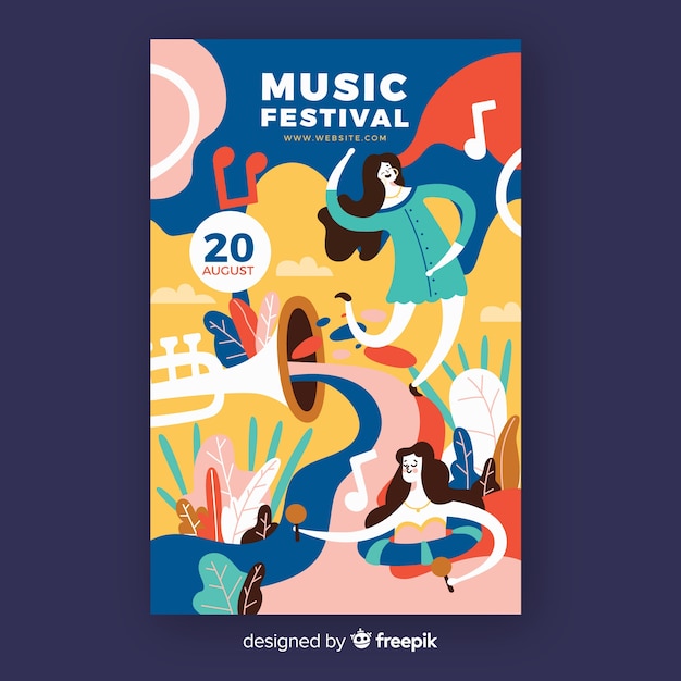 Handgetekende muziek festival poster met dansers