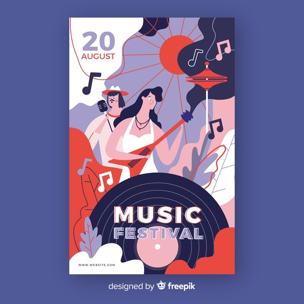 Handgetekende muziek festival poster met record