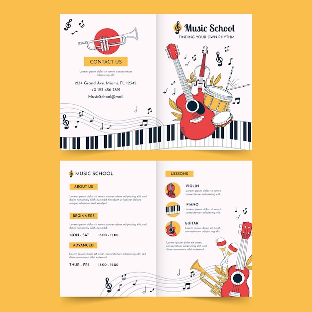 Gratis vector handgetekende muziekschoolbrochure