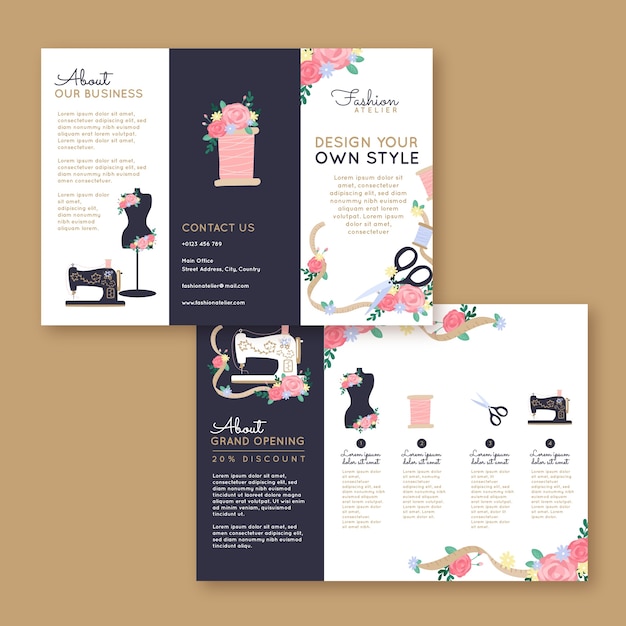 Gratis vector handgetekende naaister atelier brochure sjabloon