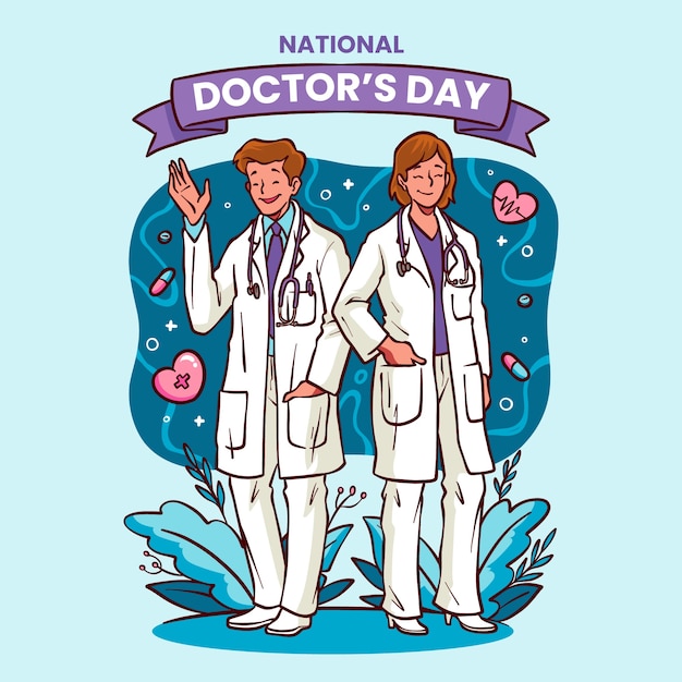 Gratis vector handgetekende nationale doktersdagillustratie met medici