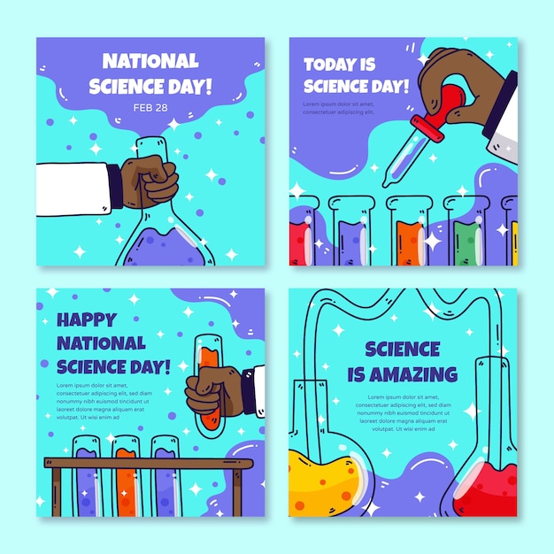 Gratis vector handgetekende nationale wetenschapsdag instagram posts collectie