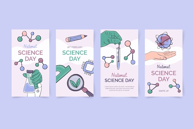 Gratis vector handgetekende nationale wetenschapsdag instagram verhalencollectie