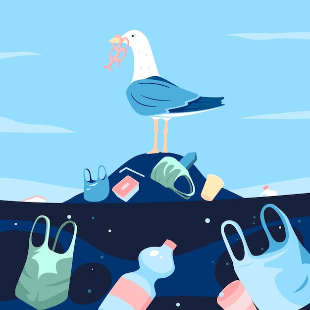 Handgetekende oceaan plastic vervuiling illustratie