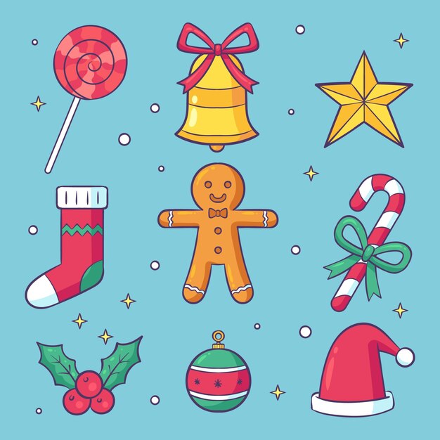 Handgetekende ontwerpelementencollectie voor de viering van het kerstseizoen