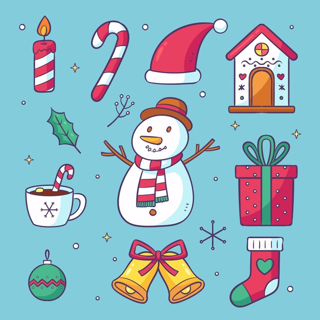 Handgetekende ontwerpelementencollectie voor de viering van het kerstseizoen