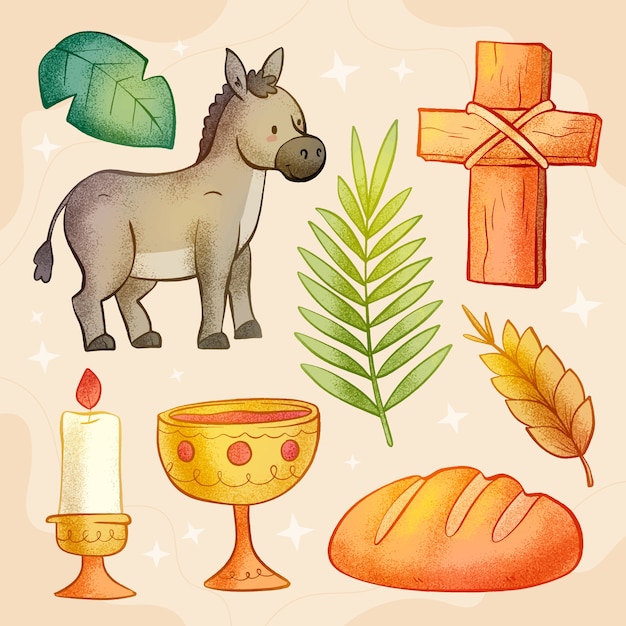 Gratis vector handgetekende palm sunday design elementen collectie.