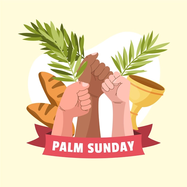 Handgetekende palmzondag illustratie met hand met lauweren