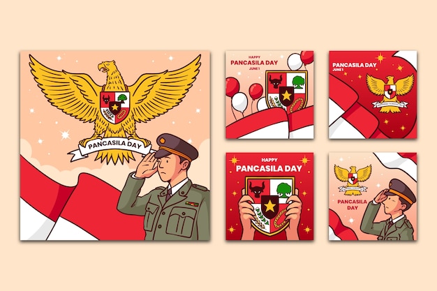 Gratis vector handgetekende pancasila dag instagram posts collectie