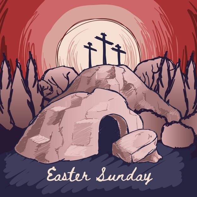 Handgetekende Pasen-zondag illustratie met kruisen