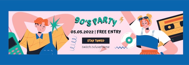 Handgetekende platte 90s party twitch banner