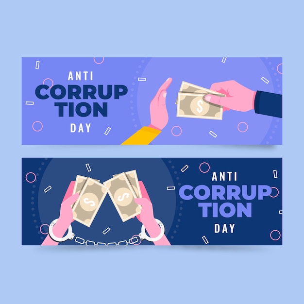 Gratis vector handgetekende platte anti-corruptie dag horizontale banners set