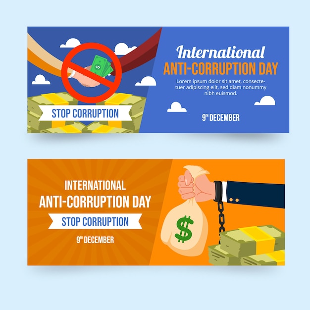 Gratis vector handgetekende platte anti-corruptie dag horizontale banners set