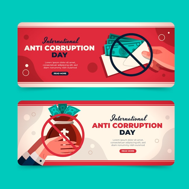 Handgetekende platte anti-corruptie dag horizontale banners set