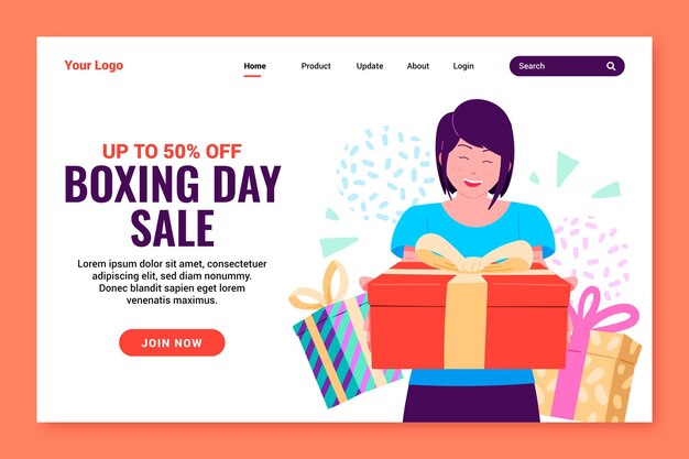 Gratis vector handgetekende platte boxing day sale bestemmingspagina-sjabloon