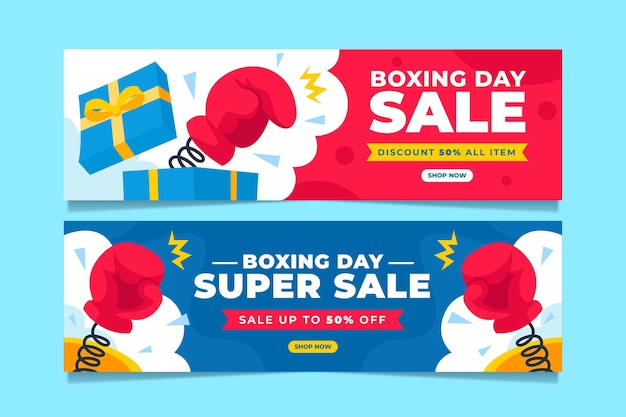 Gratis vector handgetekende platte boxing day sale horizontale banners set