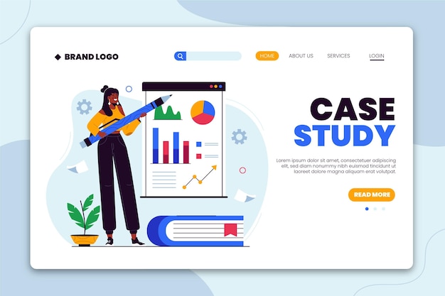 Gratis vector handgetekende platte case study-sjabloon voor bestemmingspagina's