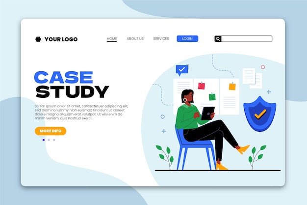 Gratis vector handgetekende platte case study-sjabloon voor bestemmingspagina's