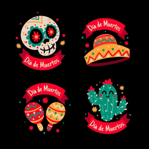 Handgetekende platte dia de muertos badges collectie