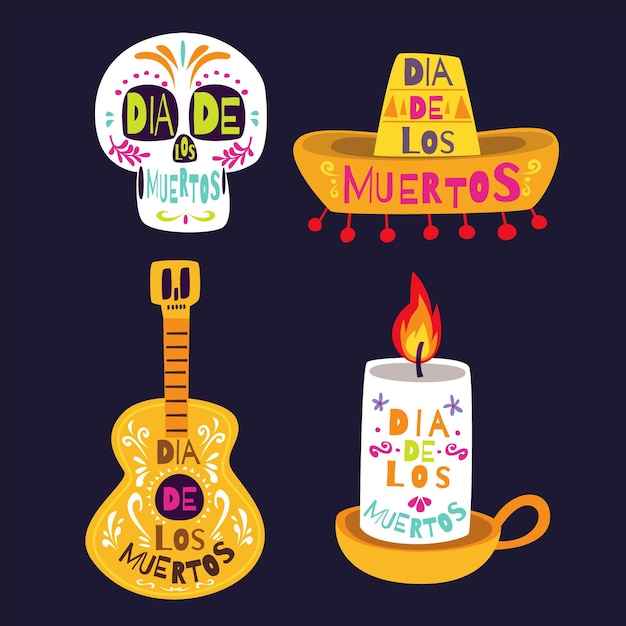 Handgetekende platte dia de muertos badges collectie