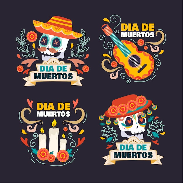 Handgetekende platte dia de muertos badges collectie