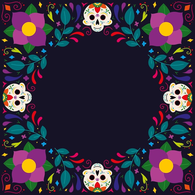 Handgetekende platte dia de muertos framesjabloon