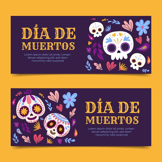 Gratis vector handgetekende platte dia de muertos horizontale banners set