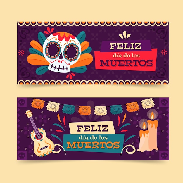 Gratis vector handgetekende platte dia de muertos horizontale banners set