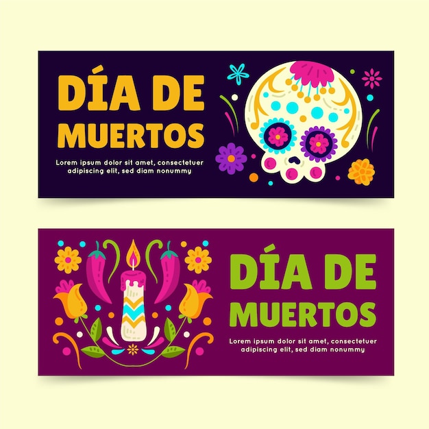 Gratis vector handgetekende platte dia de muertos horizontale banners set