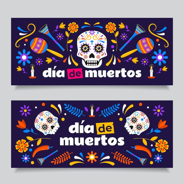 Gratis vector handgetekende platte dia de muertos horizontale banners set