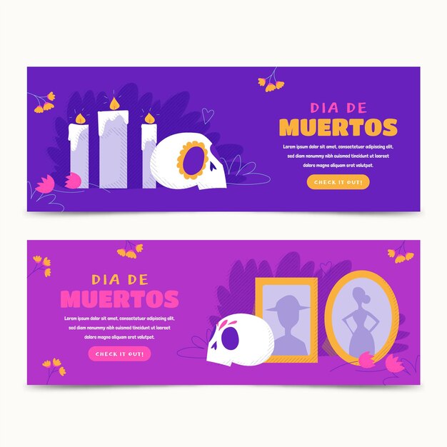 Handgetekende platte dia de muertos horizontale banners set