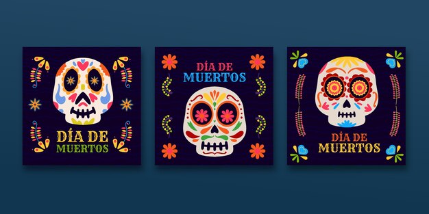 Gratis vector handgetekende platte dia de muertos instagram posts collectie