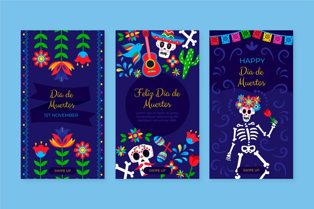 Handgetekende platte dia de muertos instagram verhalencollectie