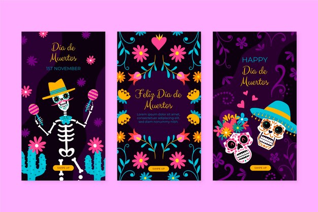 Handgetekende platte dia de muertos instagram verhalencollectie