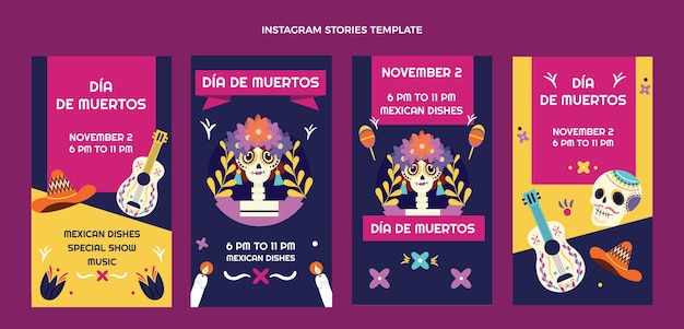 Handgetekende platte dia de muertos instagram verhalencollectie