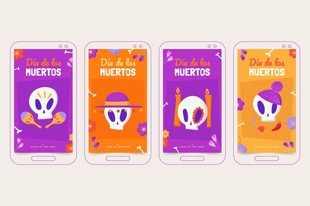 Handgetekende platte dia de muertos instagram verhalencollectie