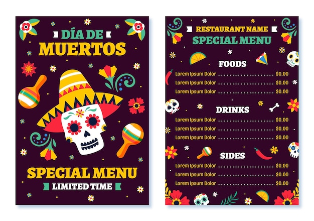 Gratis vector handgetekende platte dia de muertos menusjabloon