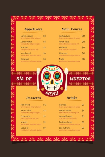 Gratis vector handgetekende platte dia de muertos menusjabloon