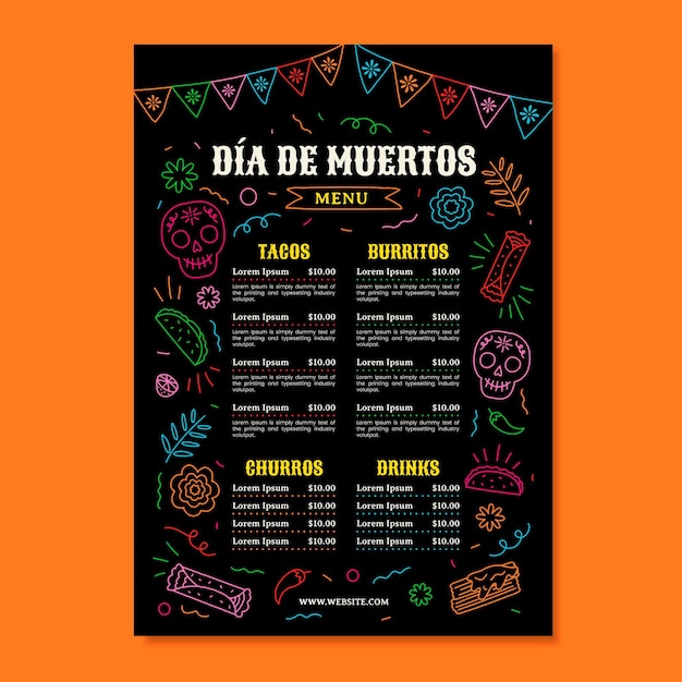 Gratis vector handgetekende platte dia de muertos menusjabloon