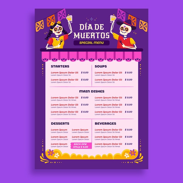 Handgetekende platte dia de muertos menusjabloon