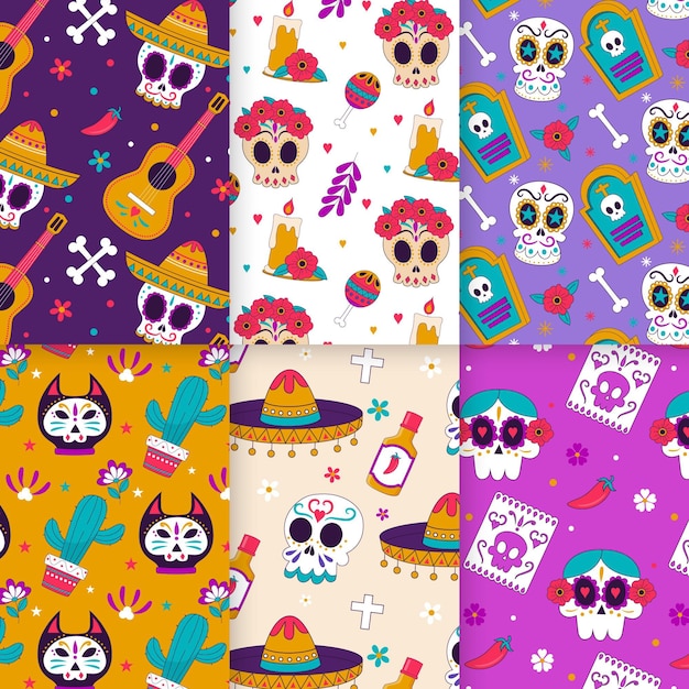 Handgetekende platte dia de muertos patronen collectie