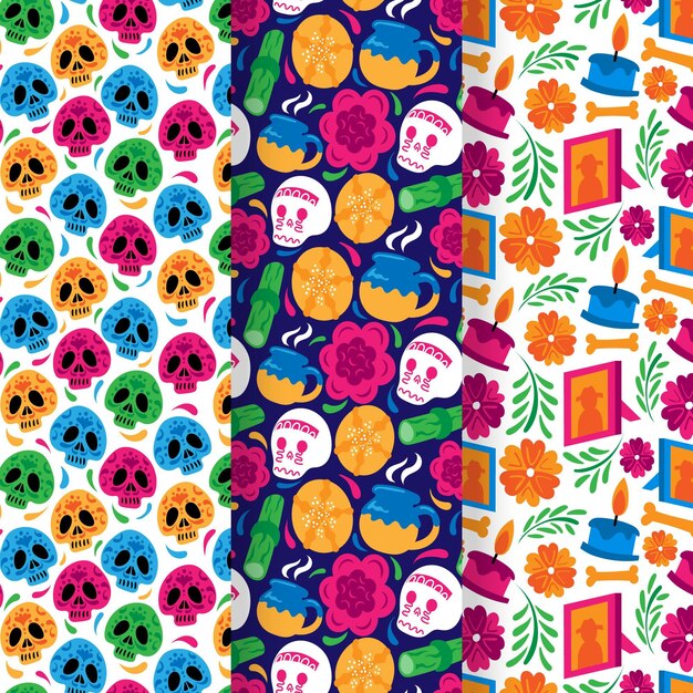 Handgetekende platte dia de muertos patronen collectie