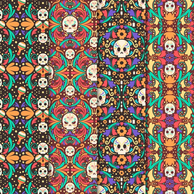 Handgetekende platte dia de muertos patronen collectie