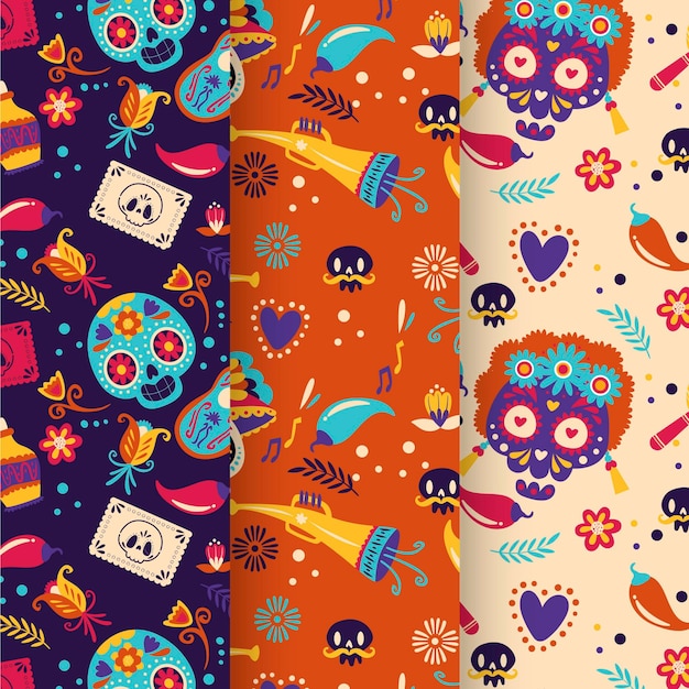 Handgetekende platte dia de muertos patronen collectie