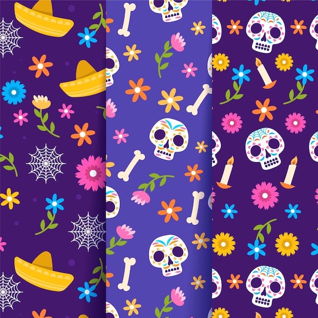 Handgetekende platte dia de muertos patronen collectie