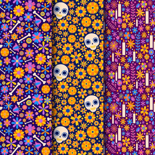 Handgetekende platte dia de muertos patronen collectie