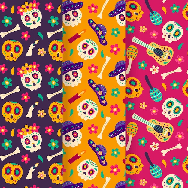 Handgetekende platte dia de muertos patronen collectie